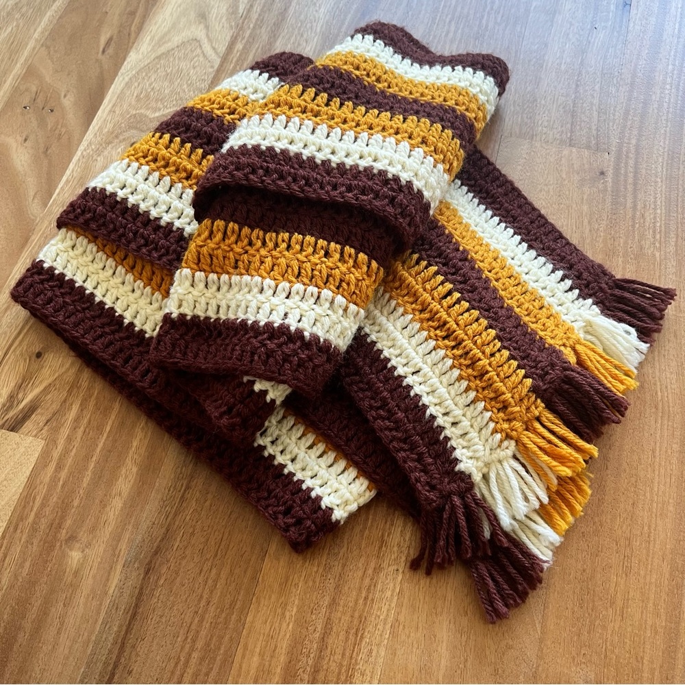 DONATED Long handmade vintage knitted scarf, maroon gold & off-white, 8-9 feet